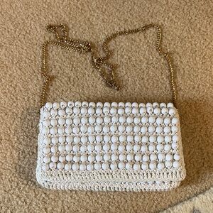 Anthropologie White Beaded Clutch with Gold Chain